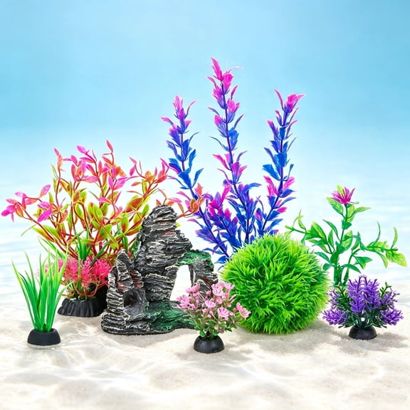RYLZX Aquarium Artificial Plastic Plants Decorations and Rock Cave Decor Set Goldfish Betta Fish Tank Accessories Small Large Fish Bowl Ornaments