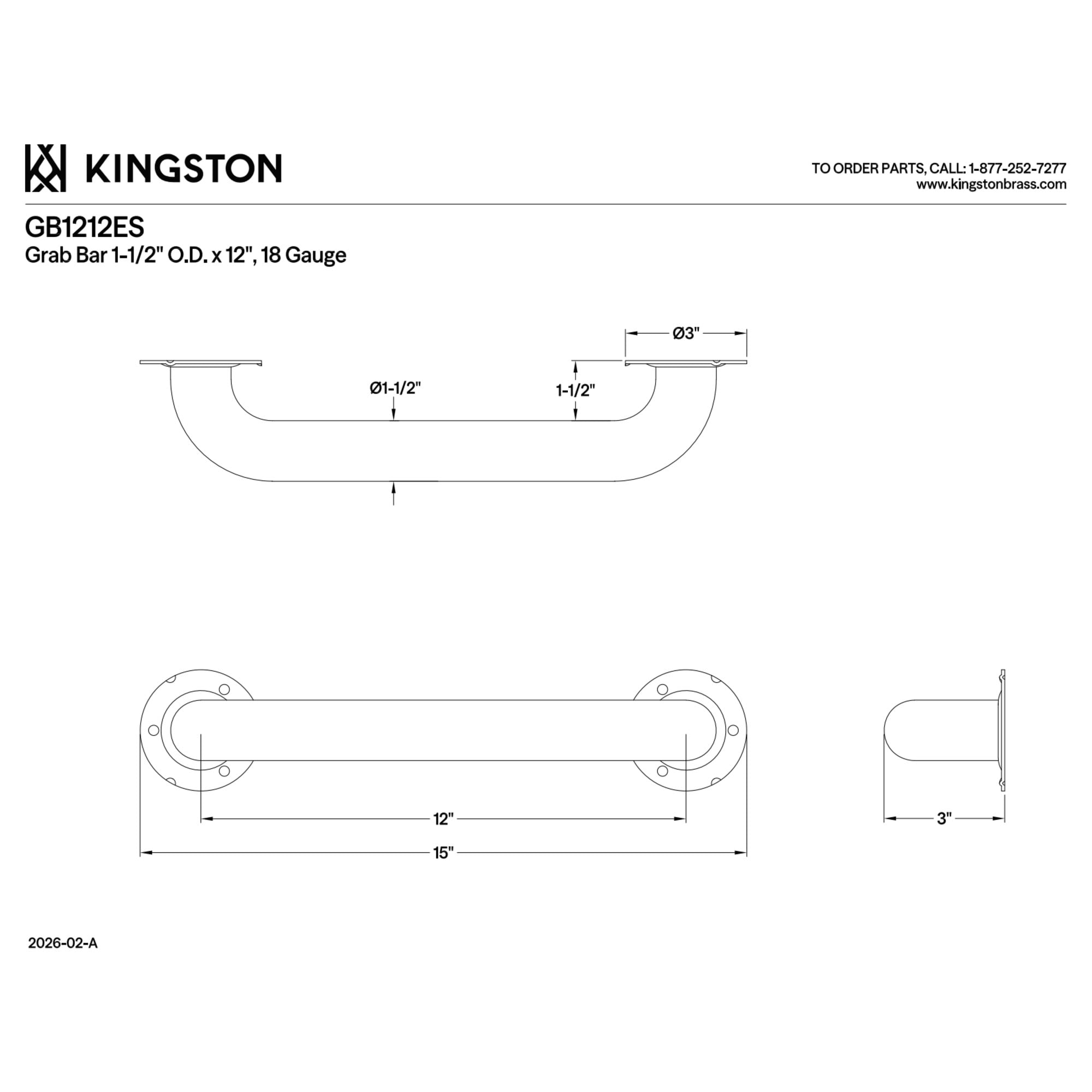 Kingston Brass GB1212ES Made To Match 12-Inch x 1-1/2-Inch O.D. Stainless Steel Grab Bar in Brushed