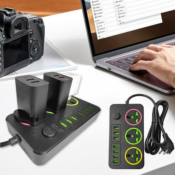 Regleta de 2 m de largo con 7 puertos USB y 3 enchufes, protector contra sobretensiones multifuncional para el hogar con puertas de seguridad para niños, negro, 2500W, salida de 5V/2.1A