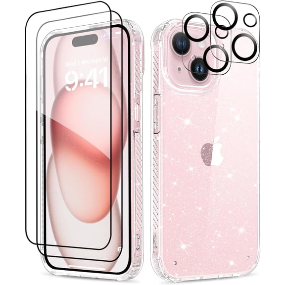 for iPhone 15 Plus Case, [5 in 1] with 2Pcs Screen Protectors   2Pcs Camera Lens Protectors, [Not Yellowing] Clear Glitter Phone Case, Protective Shockproof Women Girls Cover - Sparkle Clear