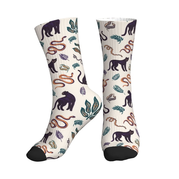 Crew Socks for Women Men Athletic - Black Panther Snake Palm Leaf Soft Comfort Breathable Mid-Calf Sole Running Socks Womens Men