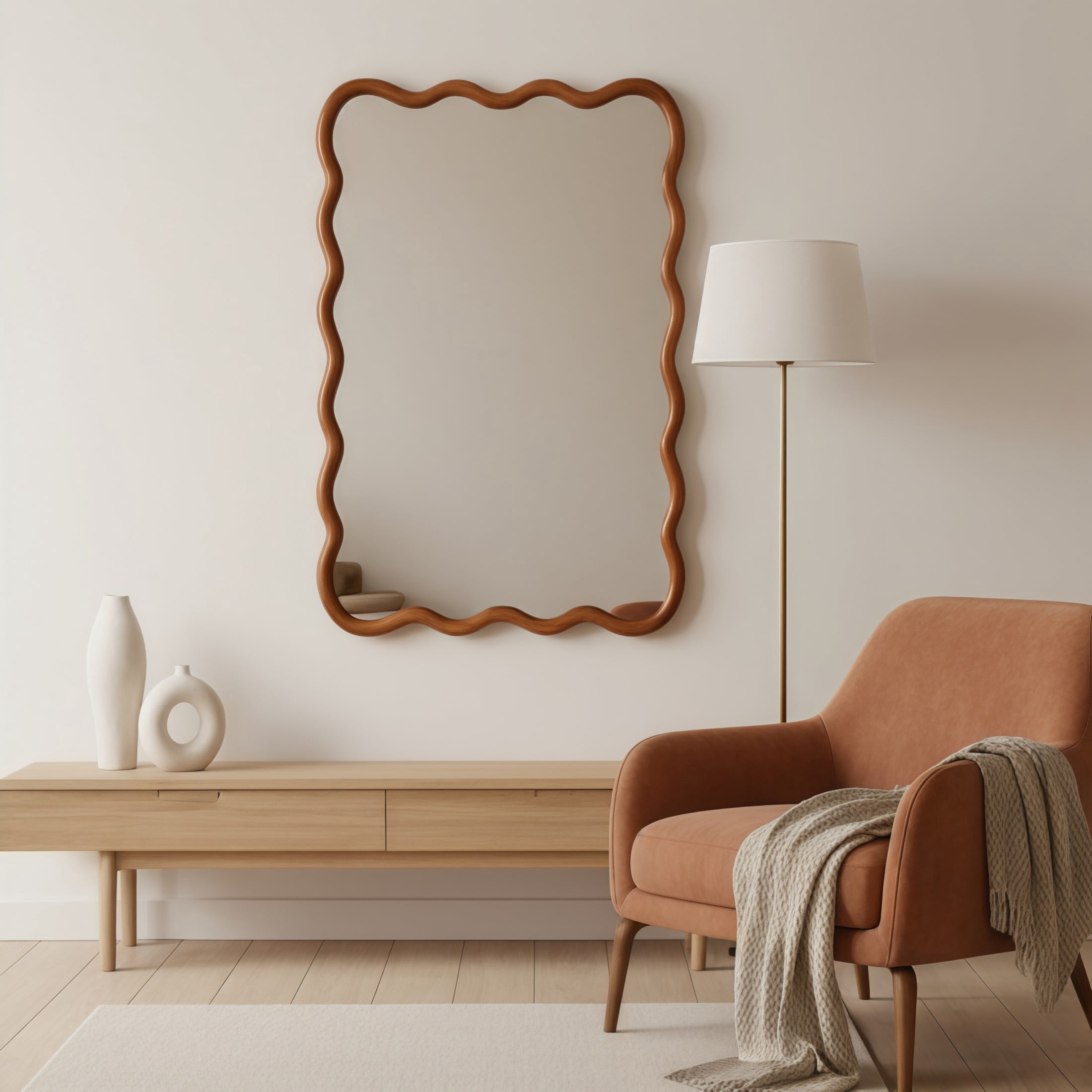 Noble House 24x36 Inch Wavy Rectangle Wall Mirror, Solid Wood Decorative Vanity Mirror, Yellow Brown