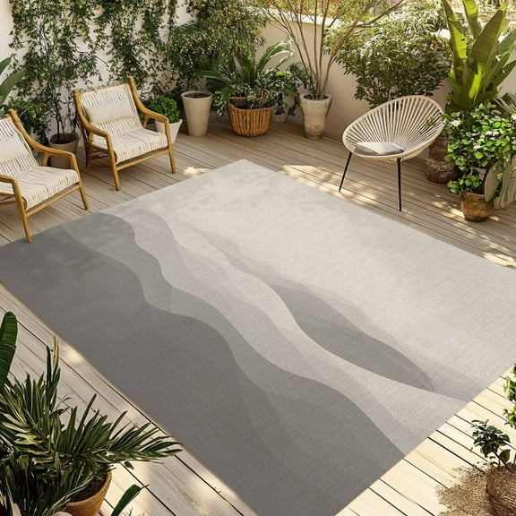 Fsddascl Grey Beige Ombre Outdoor Rug for Patio/Deck/Porch, Non-Slip Large Area Rug 6 x 9 Ft, Minimalist Ocean Waves Linen Indoor Outdoor Rugs Washable Area Rugs, Reversible Camping Rug Carpet
