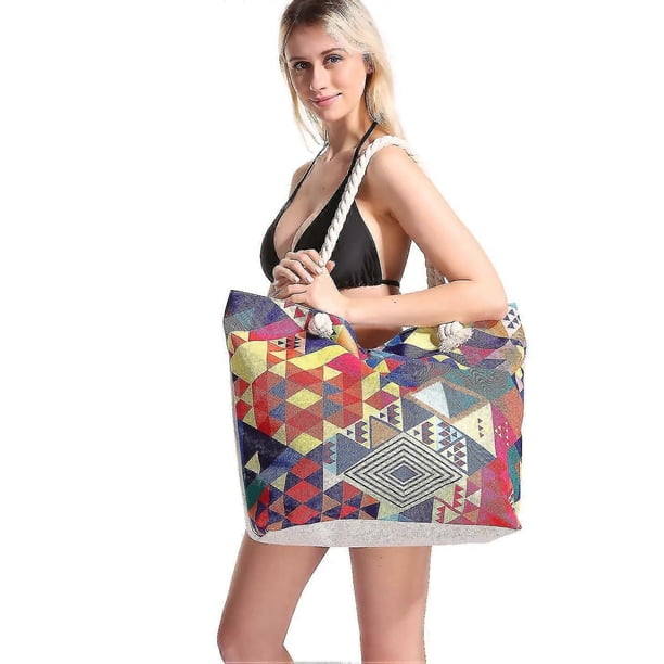 Women's Large Beach Bag, Water And Sand Resistant Tote Bag With Inner Pocket And Zipper
