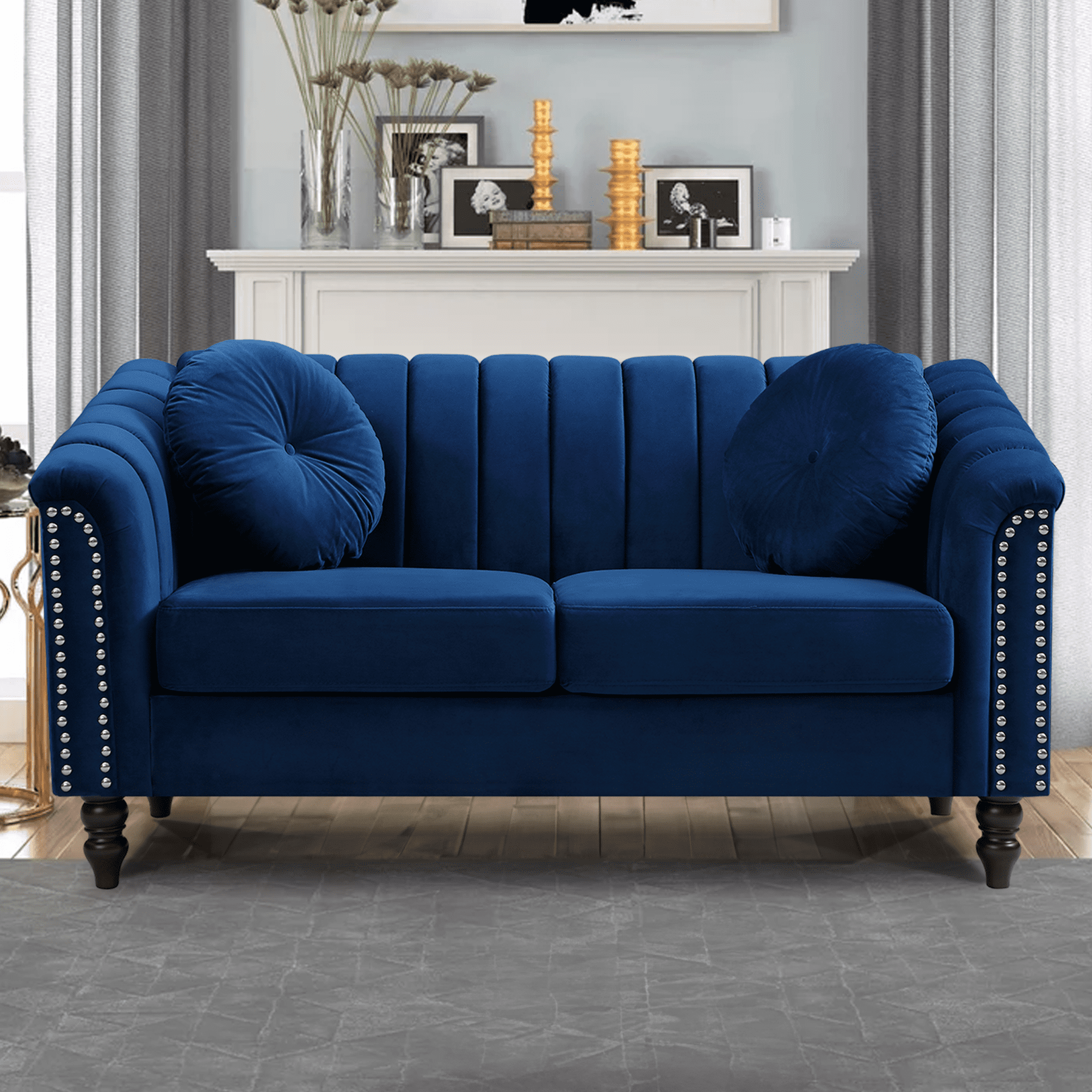 Aukfa 60" Comfy Flannel Loveseat Sofa, Contemporary Sleeper Couch for Living Room, 2 Pillows, Blue