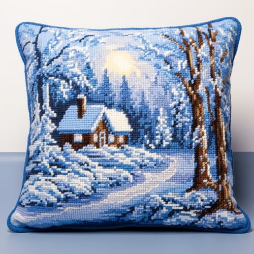 Winter Snow House Tree Latch Hook Pillow Kits for Beginner Needle Crochet Yarn Kits with Stamped Canvas Embroidery Cushion Hook and Latch Throw Pillow Christmas Decoration 43x43cm(2)