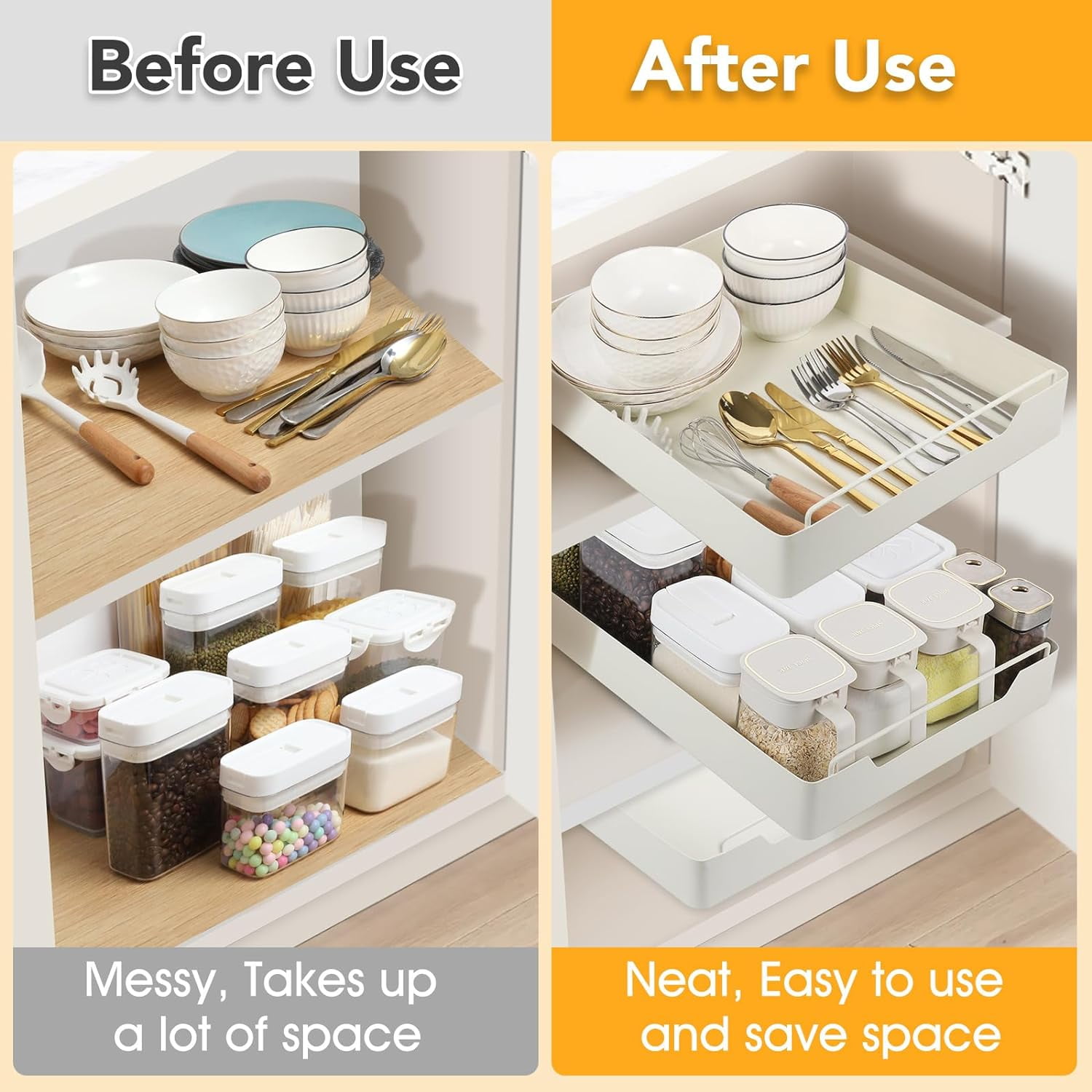 TEXIJUSO Pull Out Cabinet Organizer, Heavy Duty Slide Out Drawers for Kitchen Cabinets Adhesive Cabinet Slide Out Drawers for Kitchen Bathroom