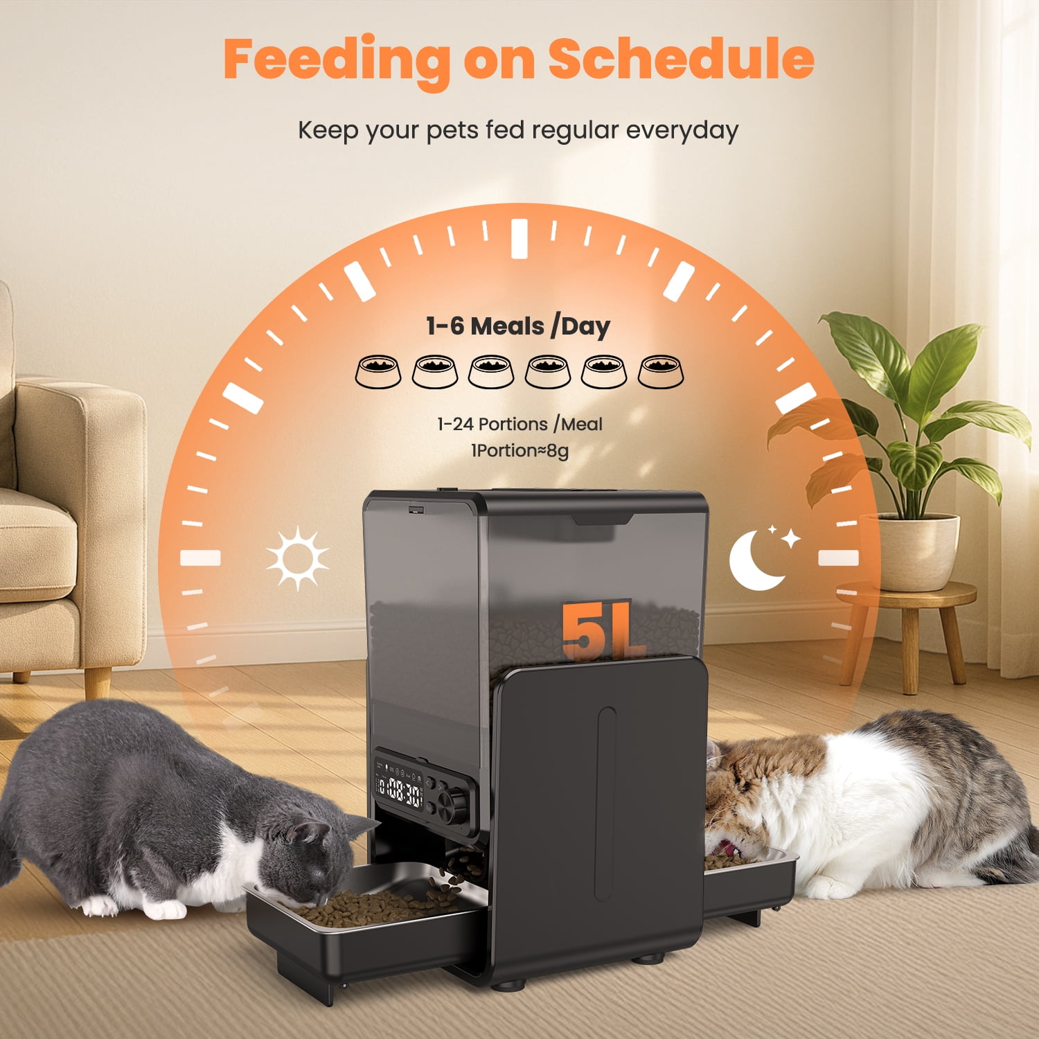 Dlopede Automatic Cat Feeder,5L,Bowls Timed Treat, Adjustable Height, 2 304 Stainless Steel Dual Pet Bowls for 2 Cats and Dogs