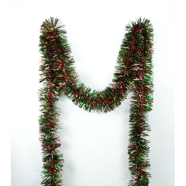 50' Festive Shiny Red and Green Christmas Tinsel Garland Unlit 6 Ply