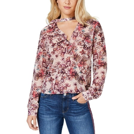 Guess Womens Elsa Ruffled Choker Blouse Pink S