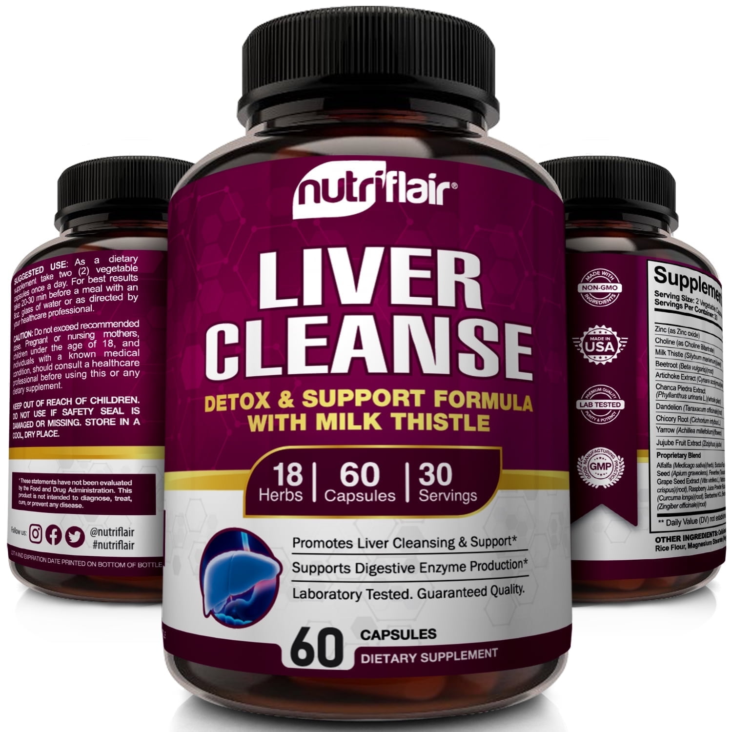 NutriFlair Liver Support Supplement with Milk Thistle Natural Detox Cleanse 60 Vegetable Capsules