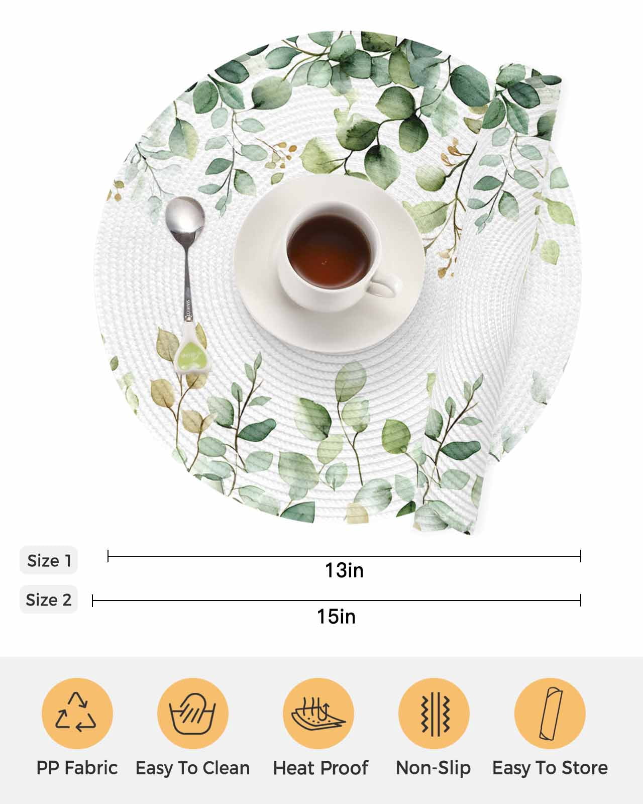 Eucalyptus Round Placemats Set of 8 for Dinning Tables,Heat-proof Braided Table Mats 15 Inch,Sage Green Brown Leaf Boho Minimalist White Washable Place Mat for Kitchen Restaurant Party Table Decor