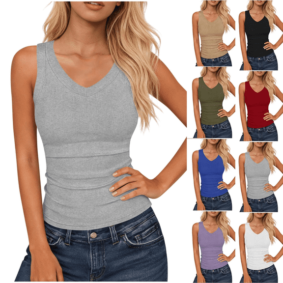 Women Ribbed Tank Top Summer Sleeveless V Neck Fitted Stretch Tops Basic Casual Slim Solid Layering Shirt for Daily Wear Gym Workout