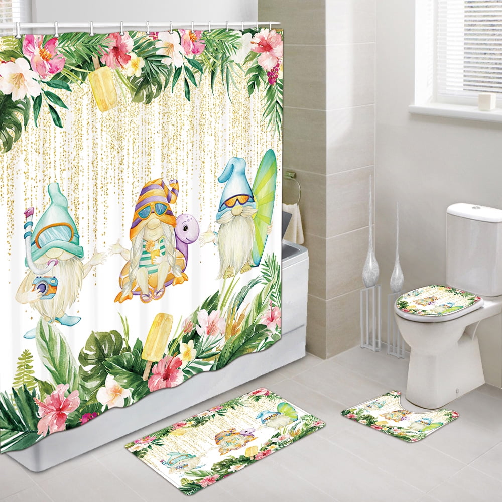 Cute Summer Gnomes Shower Curtain Set with Hooks 69 x 70Inch, Tropical Green Leaves and Flowers