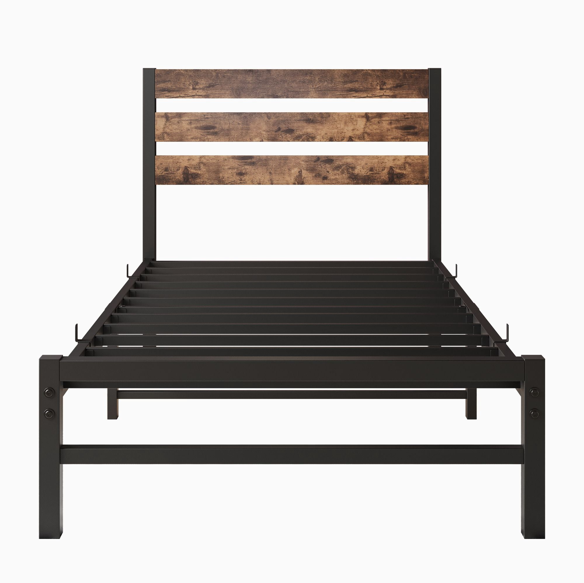 Aukfa Twin Size Platform Bed, Metal Bed Frame with Wood Headboard, Rustic Brown