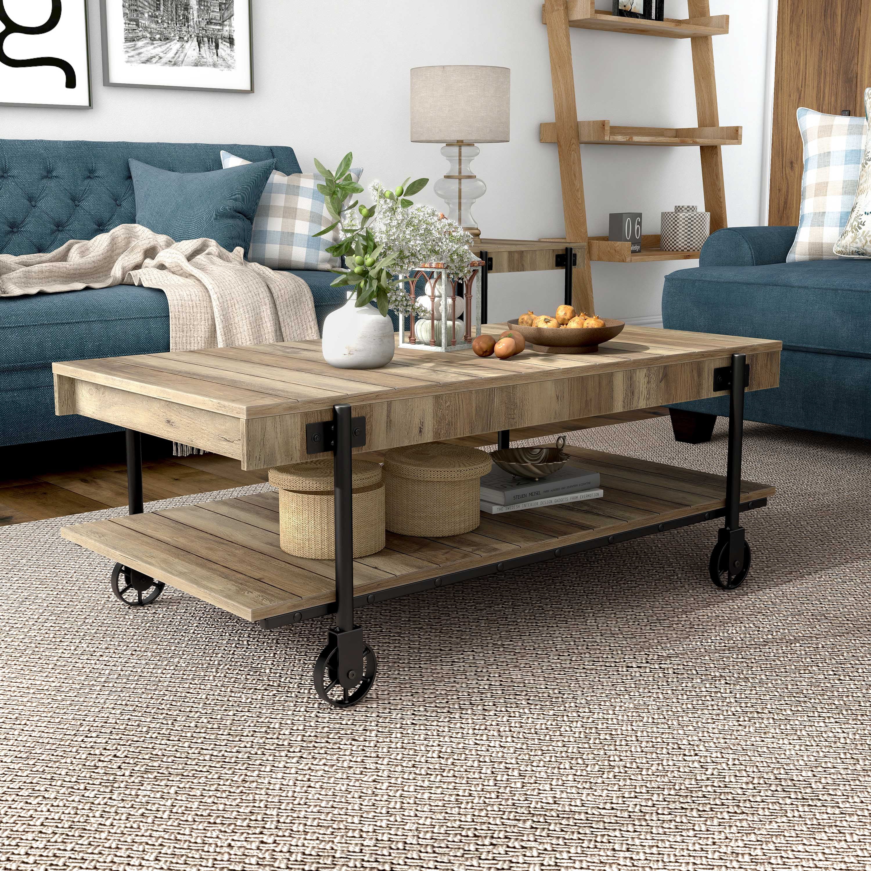 Furniture of America Russe 1-Shelf Wood Rustic Oak Coffee Table with Wheels