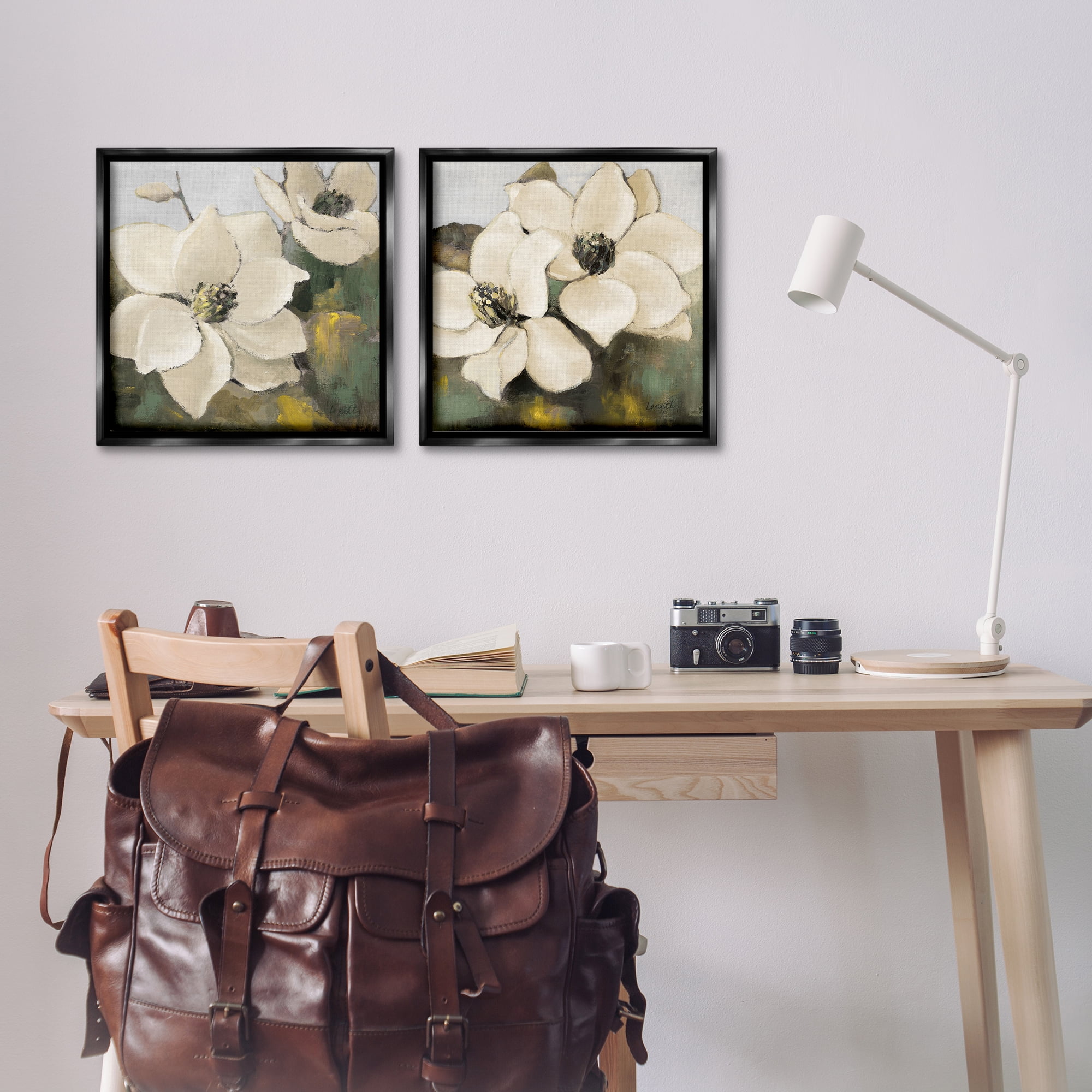 Stupell Industries Blooming Magnolia Blossom Plants & Flowers Painting Black Floater Framed Canvas Art Print Wall Art, 18 x 18, Set of 2