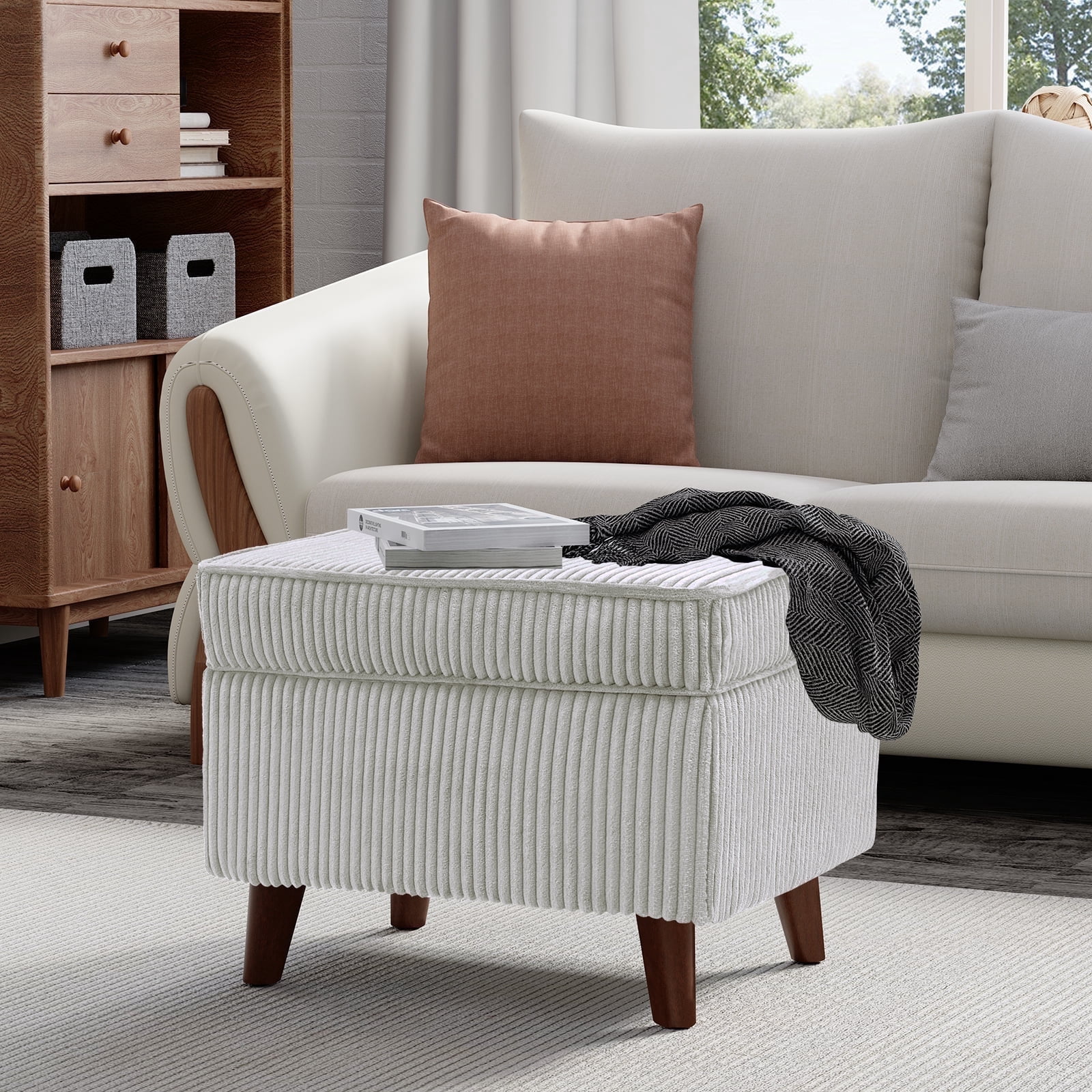FAGAGA Large Storage Ottoman, Adjustable Foot Stool for Living Room, Step Stool Ottoman with Storage, Upholstered Corduroy Foot Rest for Bedroom, Dorm | Beige