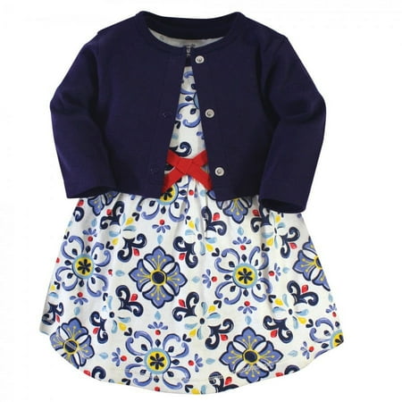 UPC: 0660168614138 | Touched by Nature Baby and Toddler Girl Organic Cotton Dress and Cardigan 2pc Set Pottery Tile 9-12 Months