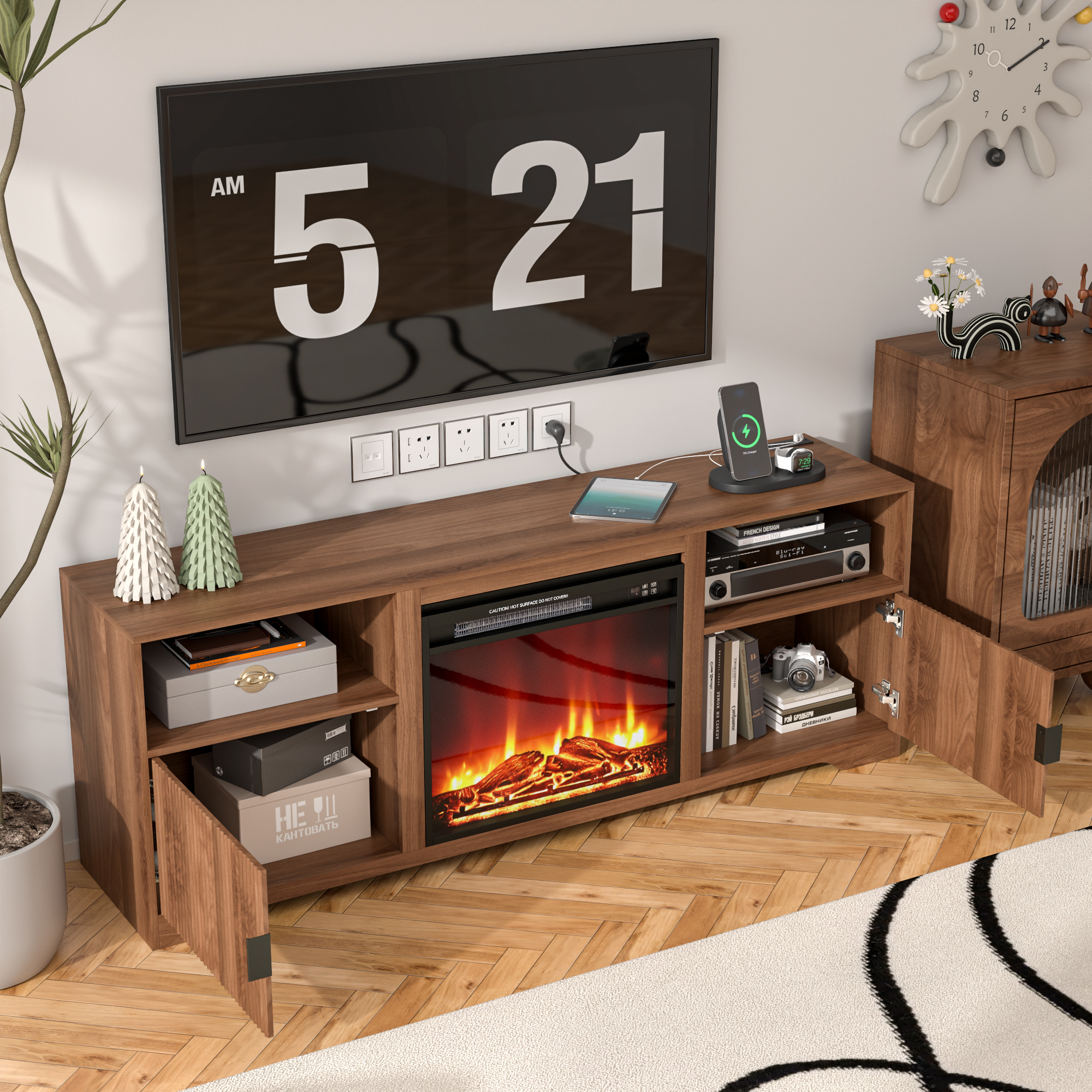 Lisicues Fireplace TV Stand for 80 Inch TV, 68" Farmhouse Entertainment Center with 23" Electric Fireplace Heater, Wood Media Console Cabinet with Storage Shelves & Cord Holes for Living Room Bedroom