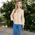 thumbnail image 6 of Women's Long Sleeve Pleated Blouse with Lace Detail and Tie Neck - Large, Beige, 6 of 7
