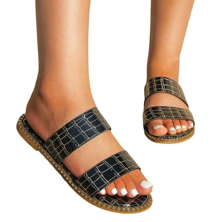 

ZHAGHMIN Bohemian Style Womens Slippers Sandals Summer Solid Color Pu Leather Flip Flops Open Toe Flat Bottom Beach Slippers for Women Black8.5