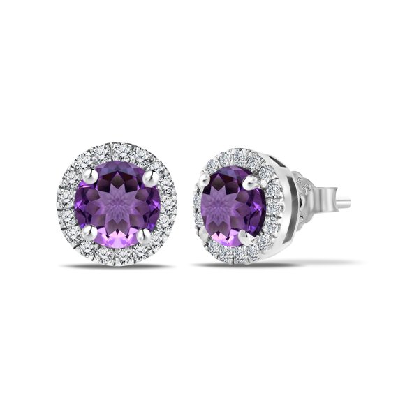 JeenMata 3 Carat - February Amethyst Birthstone Halo Stud Earrings - Round Cut in 18K White Gold Plating for Women