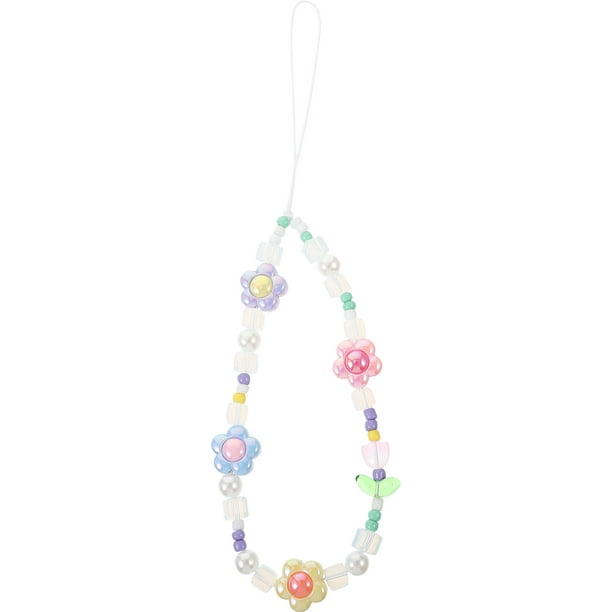 Correa de muñeca con cuentas para teléfono, correa de cadena para teléfono con cuentas, correa para teléfono con flores para mujer