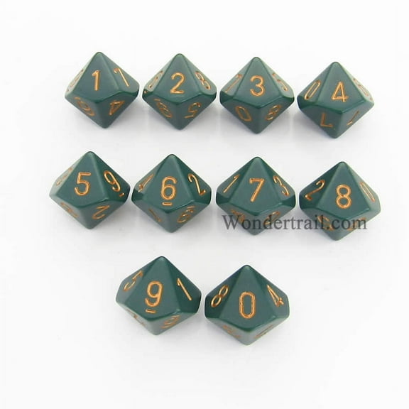 Dusty Green Opaque Dice with Copper Numbers D10 Aprox 16mm (5/8in) Set of 10 Chessex