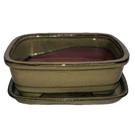 Ceramic Bonsai Pot/Attached Saucer - 8" x 6.25" x 3"   Felt Feet - Mustard