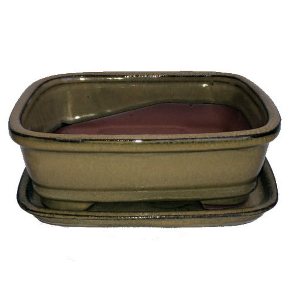 Ceramic Bonsai Pot/Attached Saucer - 8" x 6.25" x 3"   Felt Feet - Mustard