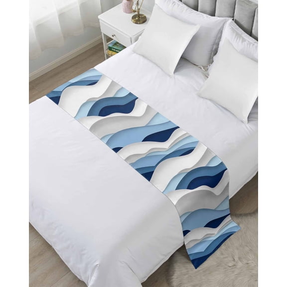 Bed Runner for Queen Size, Blue White Ombre Decorative Scarf Throws for Foot of Bed, Modern Geometric Moire Abstract Art Luxury Bedding Protector Slipcover Bedrunners for Hotel/Home, 83 x 20 Inch