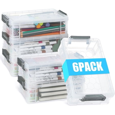 6Pcs Large Plastic Pencil Box Case Boxes Clear Marker Stackable Craft Organizers and Storage Organizer Containers with Lid for Art Pencils Teacher Supplies Grey