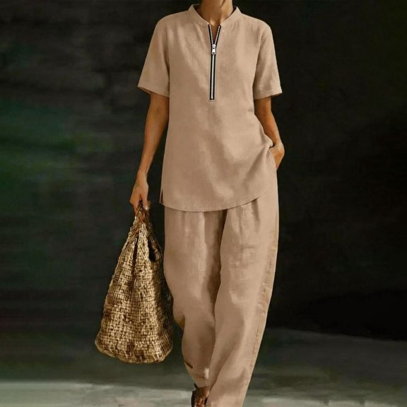 Womens Lounge Sweat Set Sweatsuits 2 Piece Sets Oversized Half Zip Tops and Wide Leg Pants Loose Fit Elegant Trendy Office Work Beach Travel Outfit, Khaki L