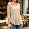 thumbnail image 3 of Women's Plus 3/4 Sleeve Tunic Tops Drawstring Hoodie V Neck Loose Fit Curved Hem Hooded Shirts to Wear with Leggings Fall Casual Outfits, Beige, L, 3 of 10