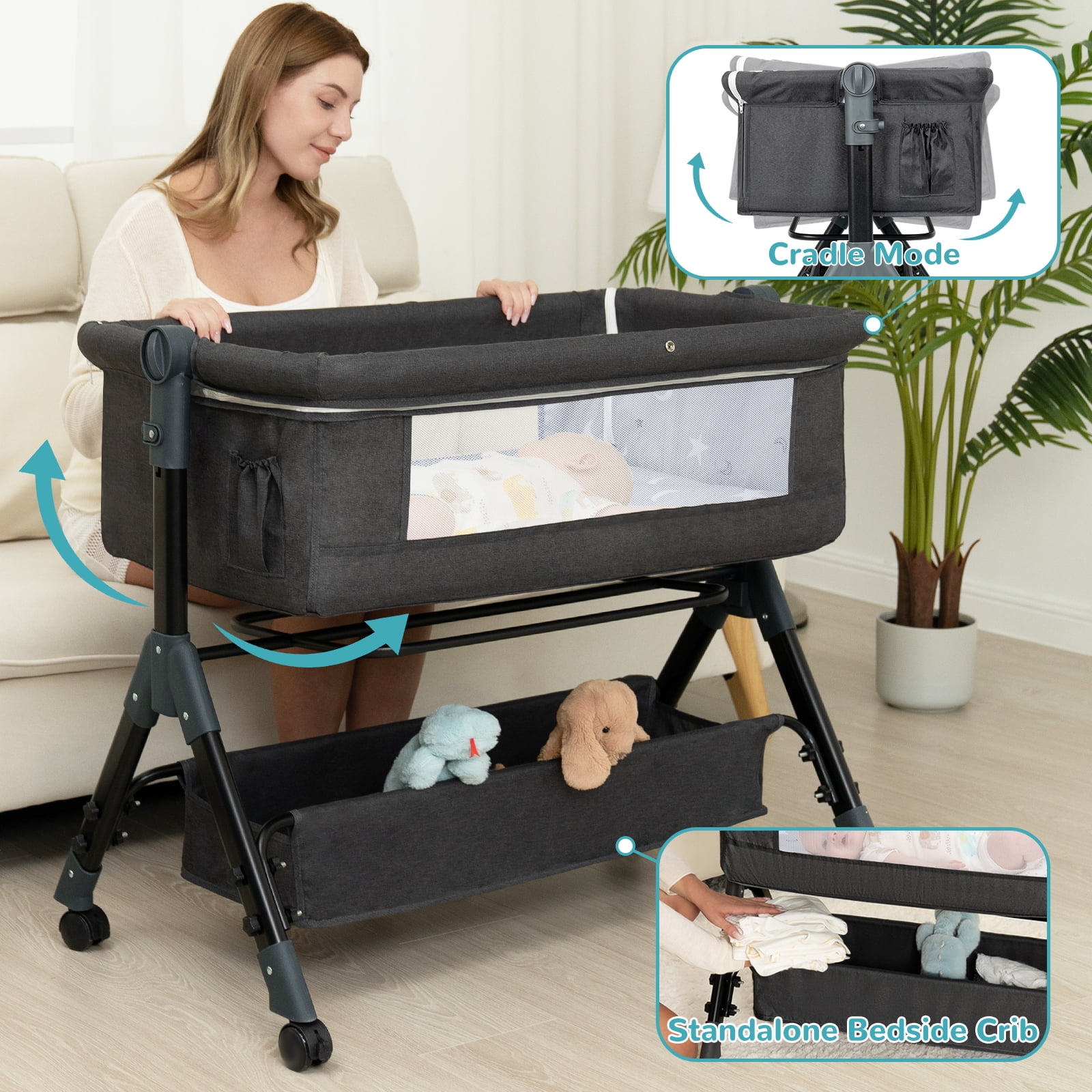 Poit Portable Baby Bassinet, Adjustable Bedside Sleeper for Infants up to 18 Months, Dark Gray