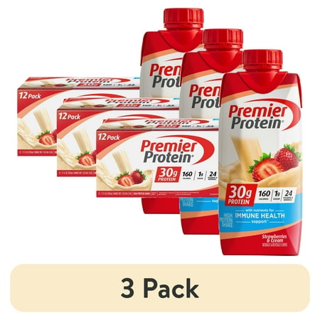 (3 pack) Premier Protein Shake, Strawberries & Cream, 30g Protein, 11 Fl Oz, 12 Ct
