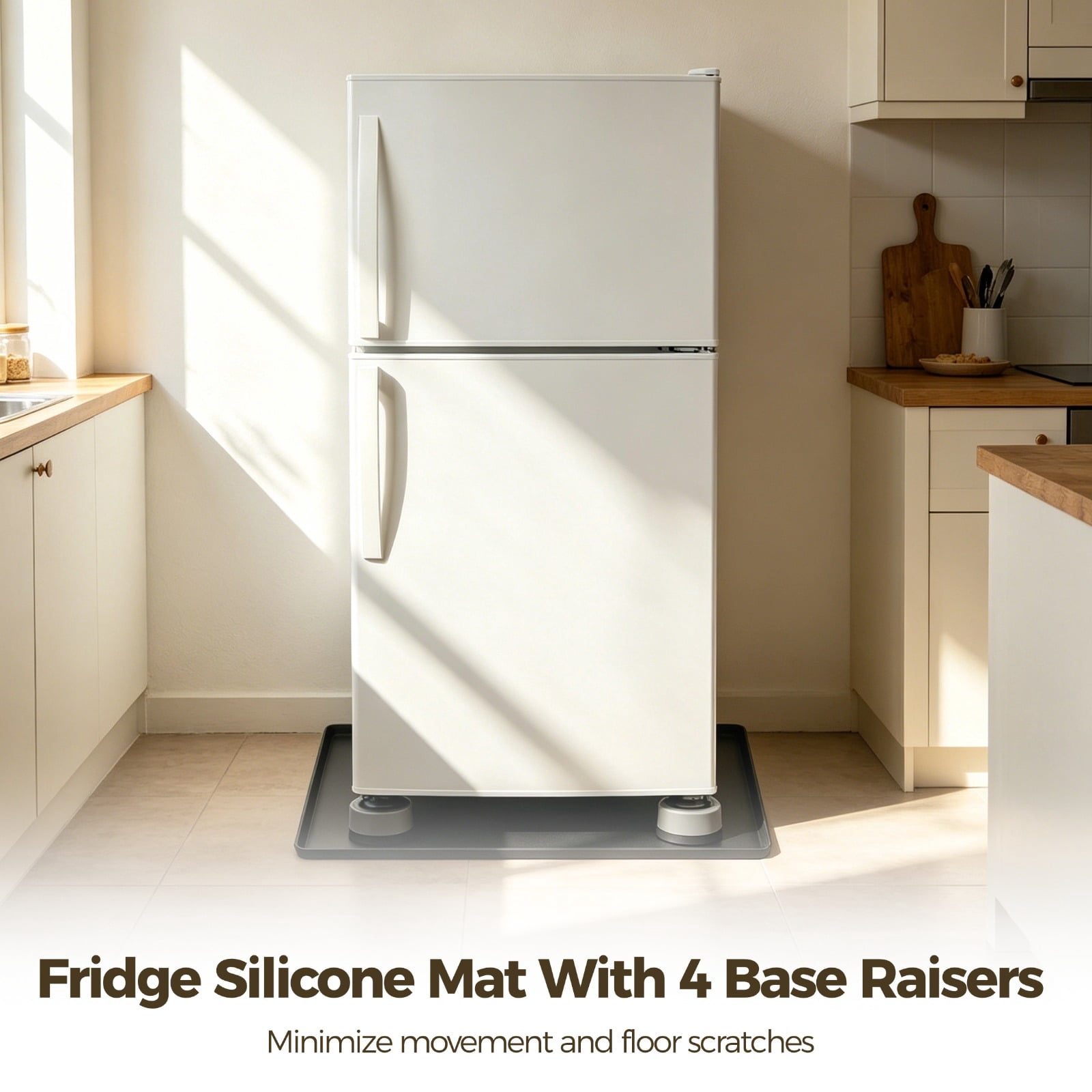 Fridge Silicone Mat With 4 Base Raisers, 23.6 x 23.6 x 0.6 in Waterproof Drip Tray, Non Slip Appliance Floor Protector Pad, Raised Edge Design for Washer Refrigerator Kitchen Use