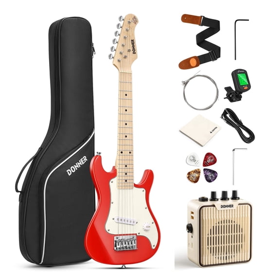 Donner Electric Guitar for Kids 30" Beginner Kits Mini Electric Guitar for Boys Girls with Amp, Bag, Tuner, Picks, Cable, Strap, Extra Strings, Red