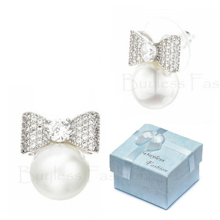 Less Fashion Hypoallergenic Surgical Steel Dangle Stud Bow Pearl Less Fashion Hypoallergenic Surgical Steel Dangle Stud Bow Pearl Earrings In Gift Box Edgpbslv