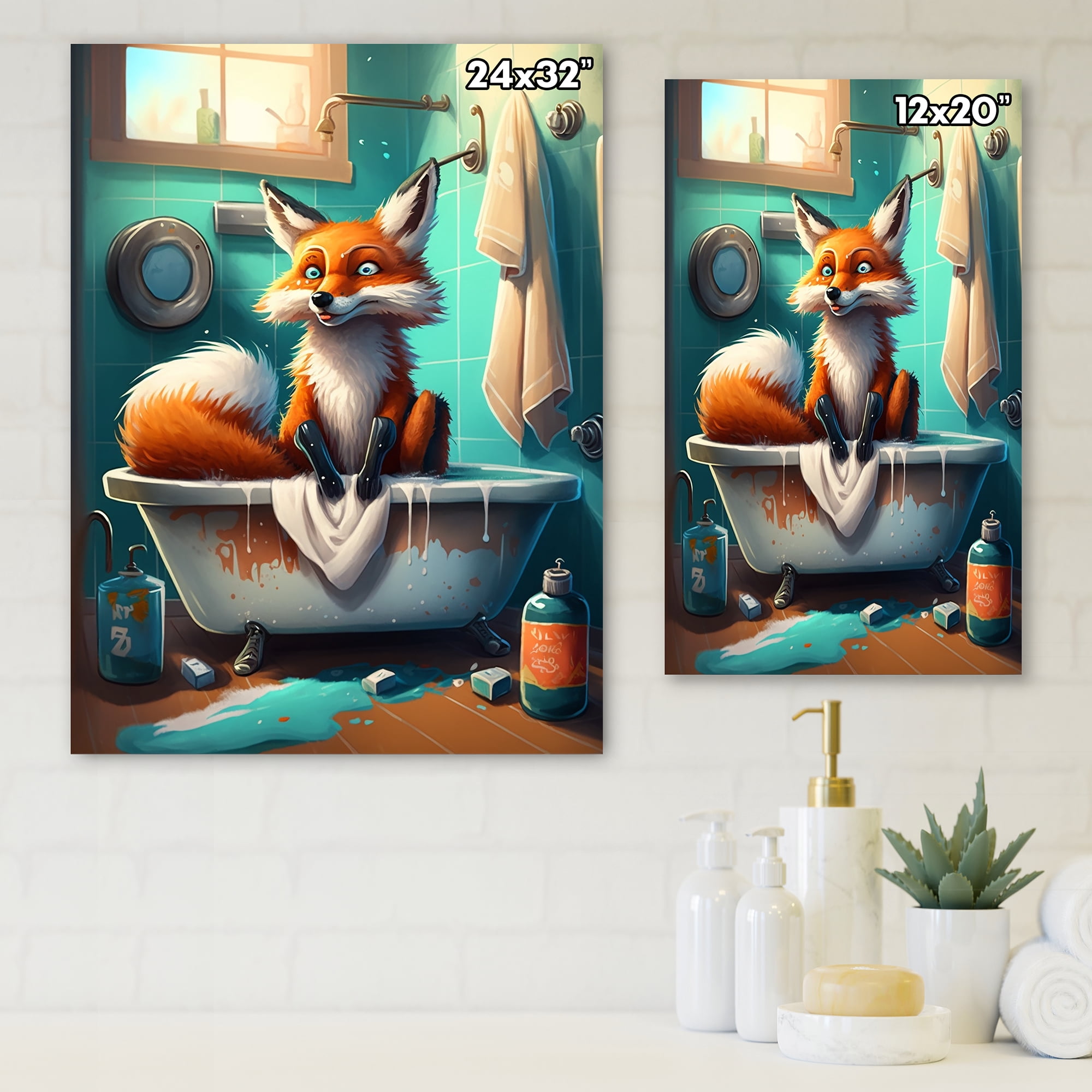 Designart Funny Fox Making A Mess In The Bathroom I Canvas Wall Art