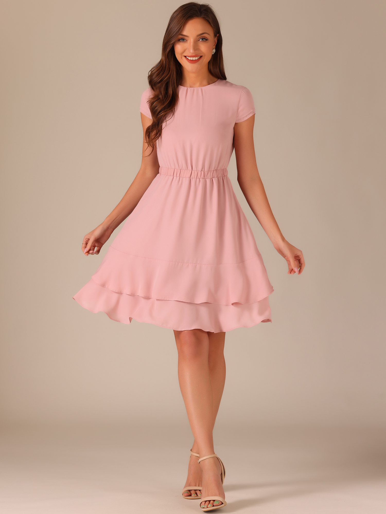 DARING DIVA Women's Crew Neck Cap Sleeve A-Line Layered Ruffled Mid-Length Dress S Pink
