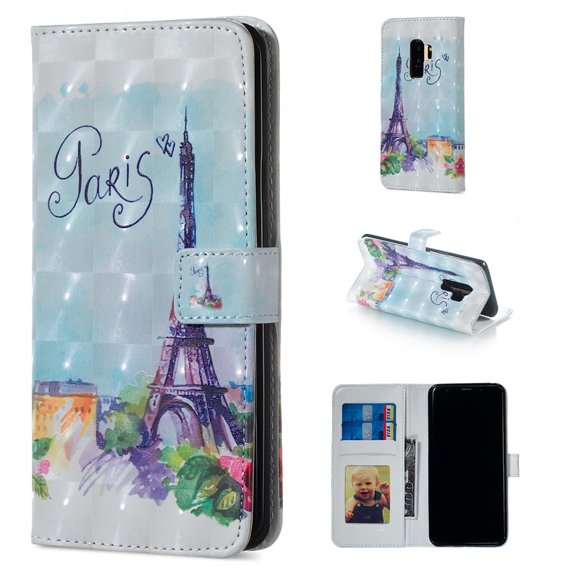 Galaxy S9 Case, Galaxy S9 2018 Case, Allytech 3D Emboss PU Leather Flip Protective Wallet Stand Cover & Credit Card Slots Pocket for Samsung Galaxy S9 (5.8") (Paris Eiffel Tower)