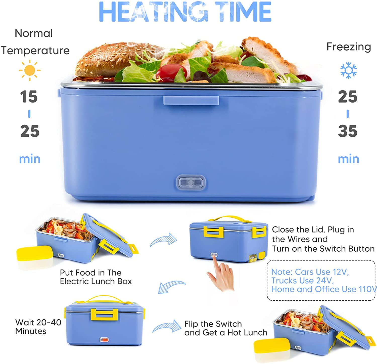 LETAAKA Electric Lunch Box Food Warmer, 80W Food Heater 3 in 1 12/24/110v for Car and Home, Lunch Heating Microwave for Truckers with 304 Stainless
