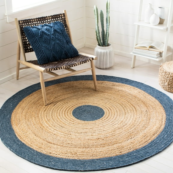 SAFAVIEH Braided Carina Bordered Reversible Area Rug, Navy/Natural, 4' x 4' Round