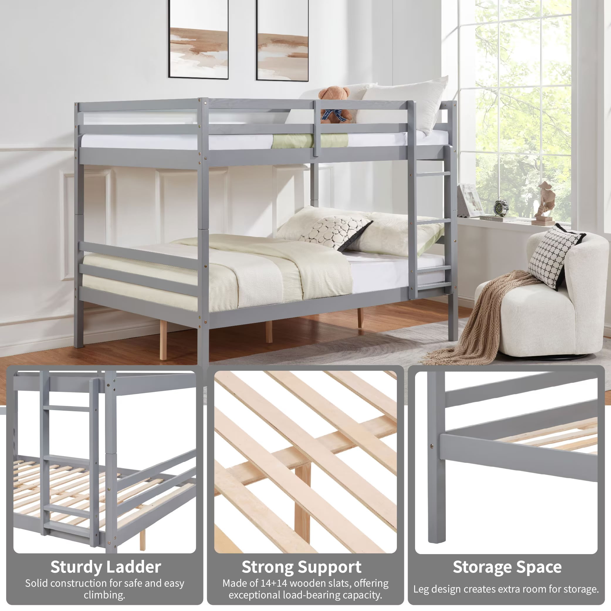 Full Over Full Bunk Bed, Solid Wood Bunk Bed Frame with High Guardrails and Ladder, Heavy Duty Wooden Slats, No Box Spring Needed for Kids, Teens, Guest Room, Grey