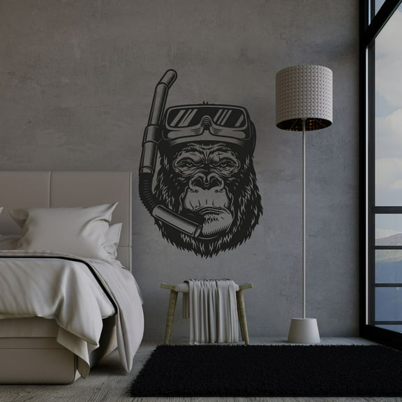 Cool Scuba Diver Monkey Gorilla Scuba Diver Portrait Drawing Vinyl Design Wall Sticker Wall Art Decal Boys Girls Kids Room Bedroom Scuba Diver Home Decor Stickers Decoration Size (20x20 inch)