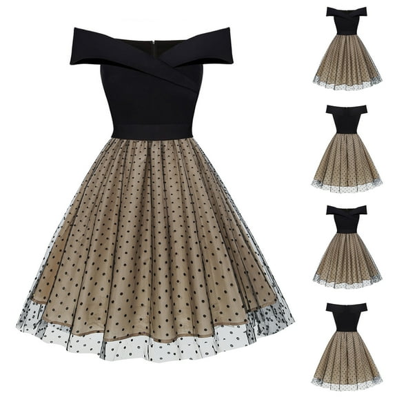 DailyTrove Women's Off-Shoulder Tulle Dress-Short Sleeve-Fit & Flare-Polyester Blend-for Cocktail Party/Wedding-Flowy Tulle