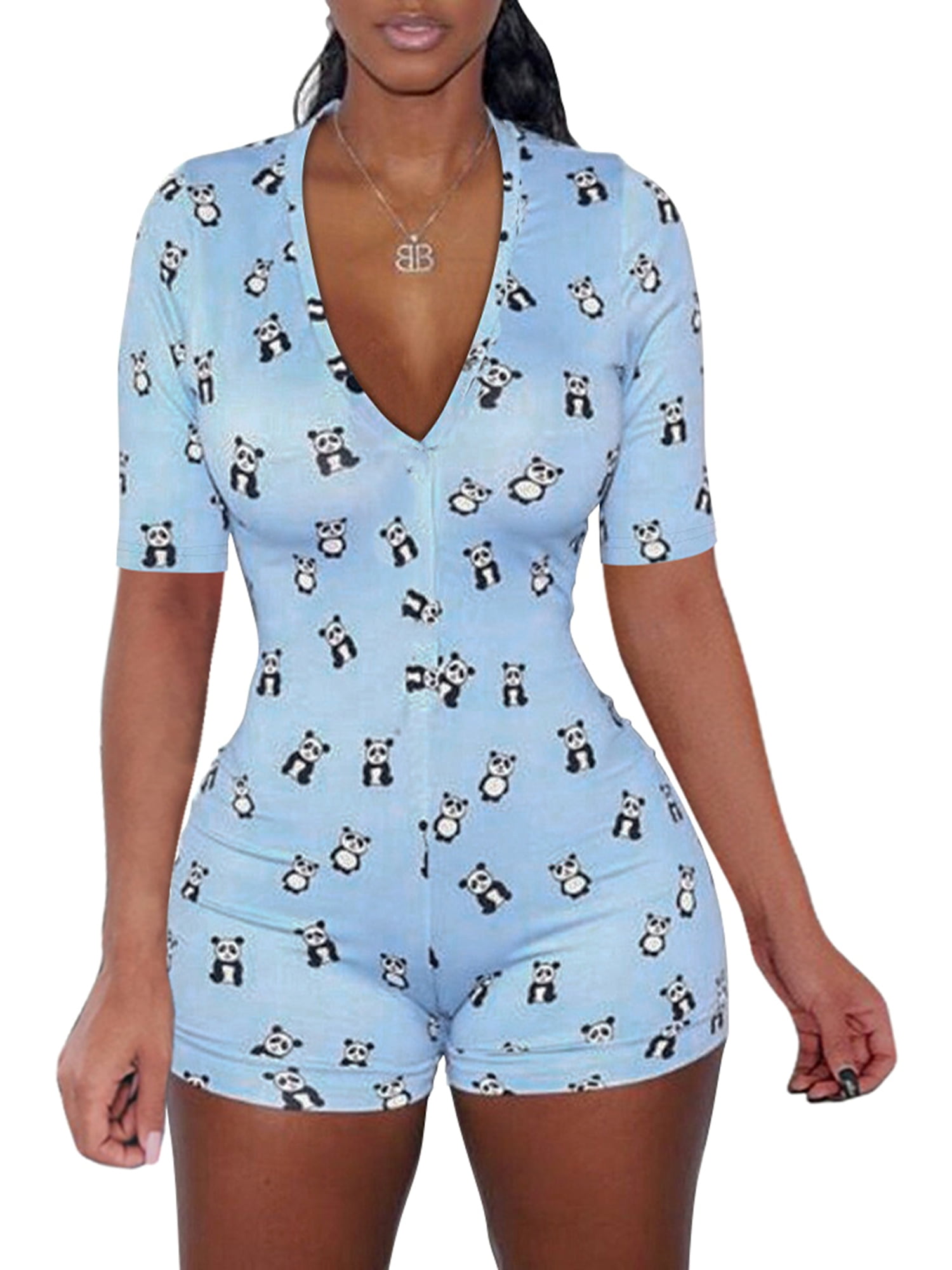 Female Nightwear Panda Print Deep V Neck Short Sleeve Jumpsuit Bodysuit Pajamas Walmart Com