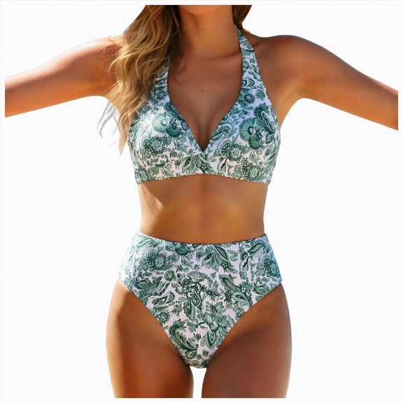 KPOPLK 2 Piece Women's Solid Bikini Set High Waisted Swimsuit Tummy Control Swimwear Halter V Neck Ruched Bathing Suit(L,Green)